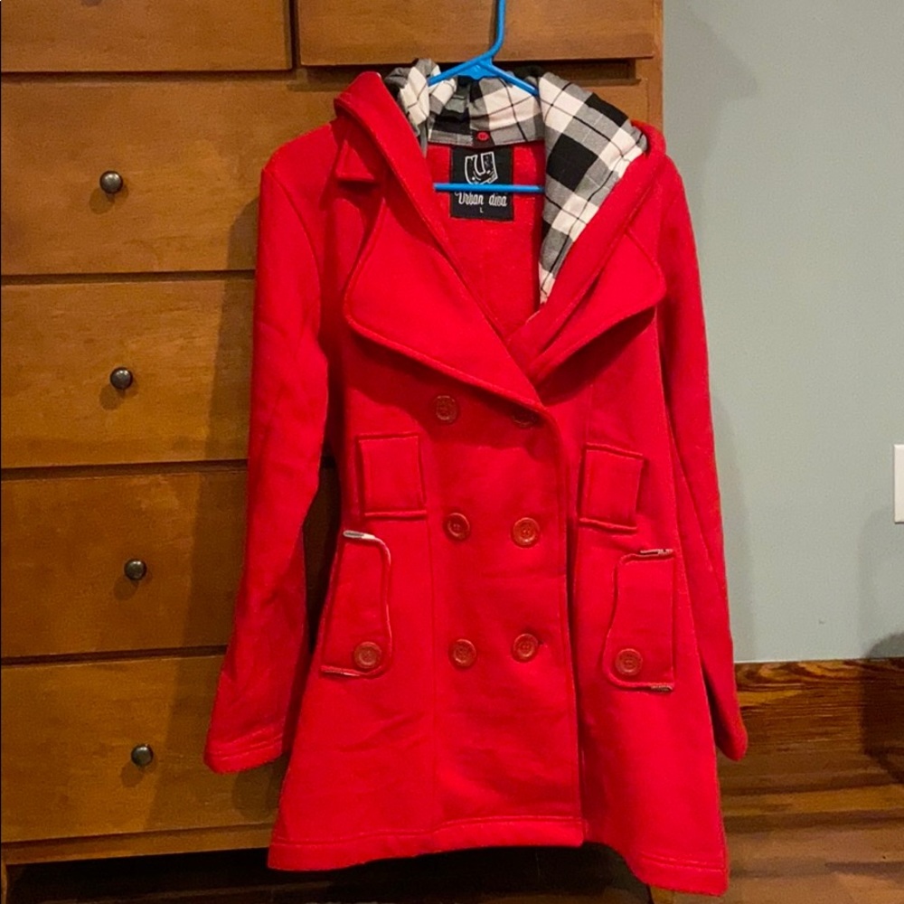 red jacket with plaid hood